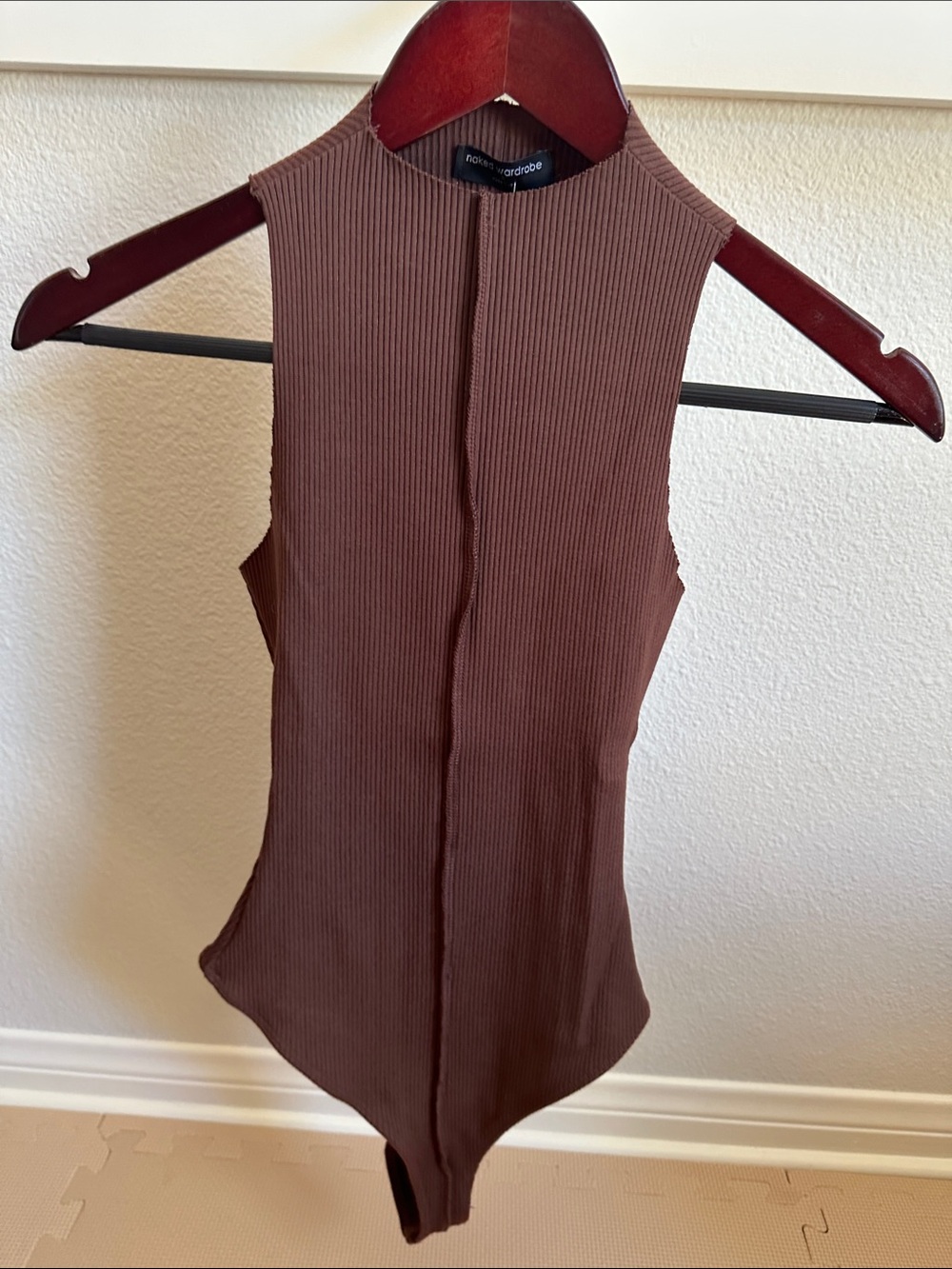naked wardrobe Ribbed Mock Neck Brown Bodysuit